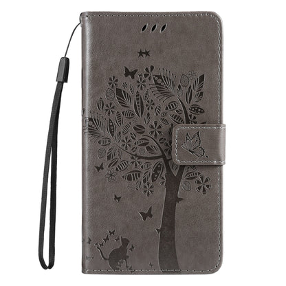 For iPhone SE 2024 Tree & Cat Embossed Pattern Flip Leather Phone Case(Grey) - More iPhone Cases by buy2fix | Online Shopping UK | buy2fix