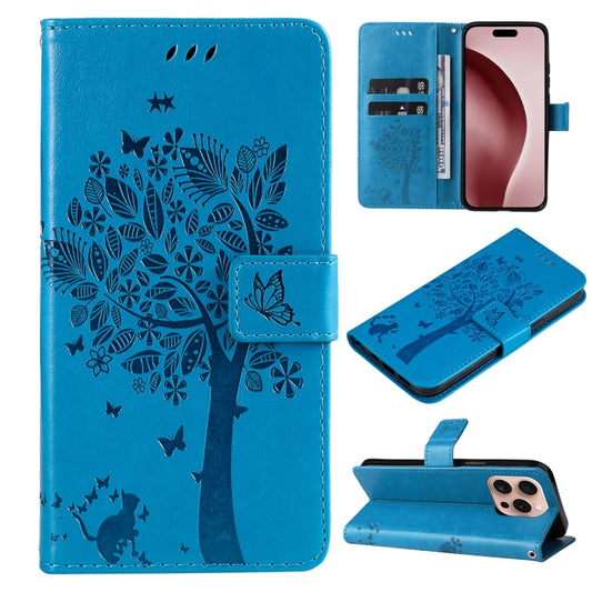 For iPhone 16 Pro Tree & Cat Embossed Pattern Flip Leather Phone Case(Blue) - iPhone 16 Pro Cases by buy2fix | Online Shopping UK | buy2fix