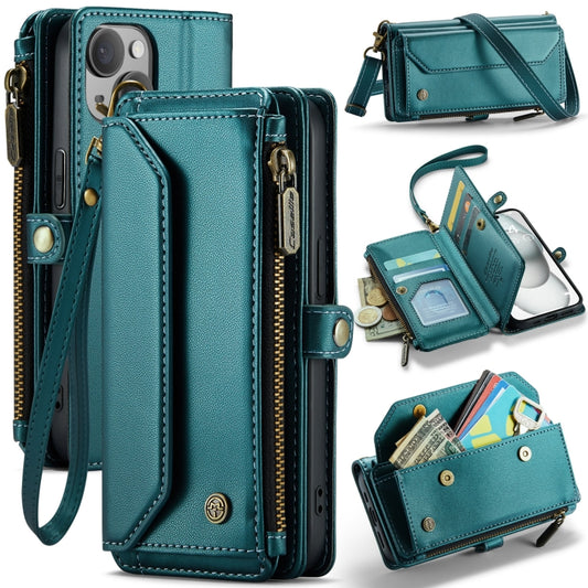 For iPhone 15 Plus CaseMe C36 Card Slots Zipper Wallet RFID Anti-theft Leather Phone Case(Blue-green) - iPhone 15 Plus Cases by CaseMe | Online Shopping UK | buy2fix