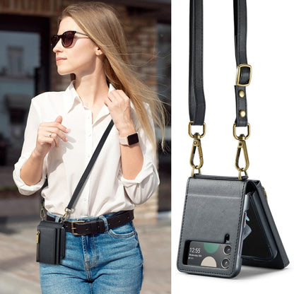 For Samsung Galaxy Z Flip4 5G DG.MING M5 Series Zip RFID Multi Card Detachable Leather Phone Case with Long Lanyard(Black) - Galaxy Z Flip4 5G Cases by DG.MING | Online Shopping UK | buy2fix