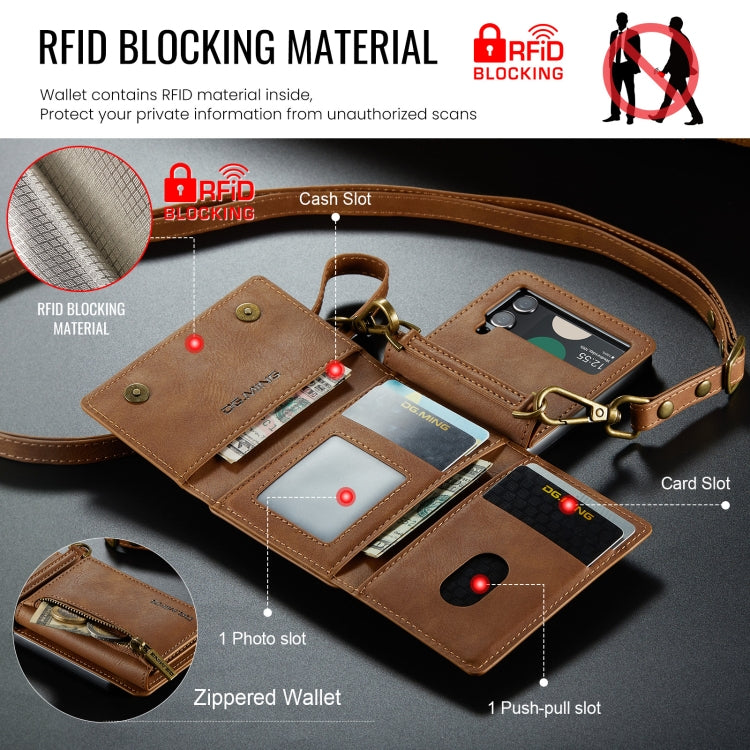 For Samsung Galaxy Z Flip3 5G DG.MING M5 Series Zip RFID Multi Card Detachable Leather Phone Case with Long Lanyard(Brown) - Galaxy Phone Cases by DG.MING | Online Shopping UK | buy2fix