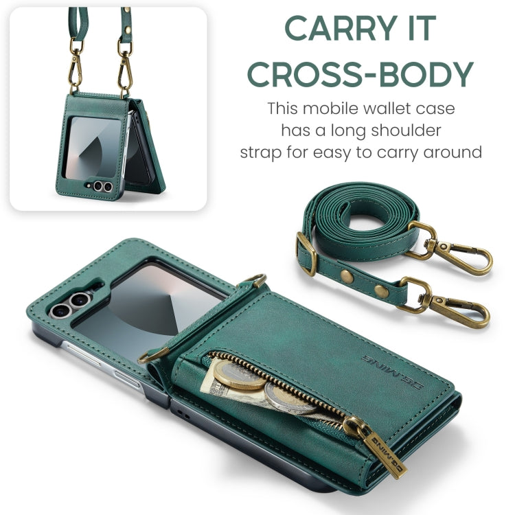 For Samsung Galaxy Z Flip6 DG.MING M5 Series Zip RFID Multi Card Detachable Leather Phone Case with Long Lanyard(Green) - Galaxy Z Flip6 5G Cases by DG.MING | Online Shopping UK | buy2fix