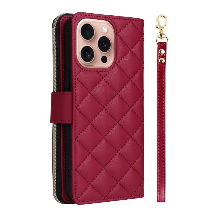 For iPhone 16 Pro Crossbody Rhombic Zipper Tower Buckle Leather Phone Case with Lanyard(Wine Red) - iPhone 16 Pro Cases by buy2fix | Online Shopping UK | buy2fix