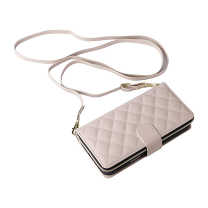 For iPhone 16 Crossbody Rhombic Zipper Tower Buckle Leather Phone Case with Lanyard(Beige) - iPhone 16 Cases by buy2fix | Online Shopping UK | buy2fix