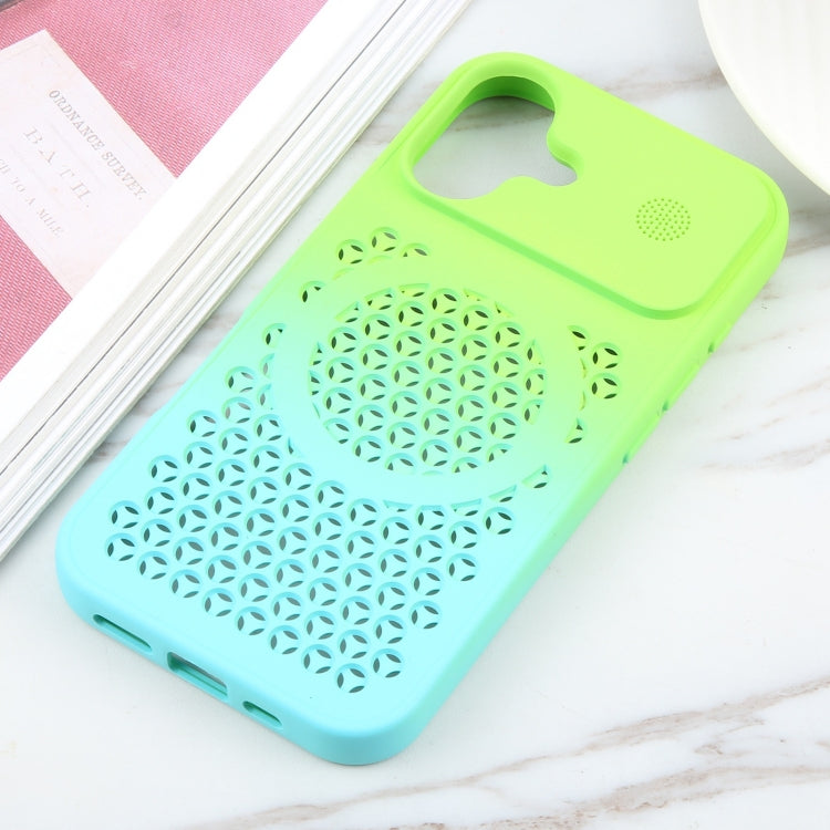 For iPhone 16 Gradient Color Honeycomb Aromatherapy MagSafe Phone Case(Green Blue) - iPhone 16 Cases by buy2fix | Online Shopping UK | buy2fix