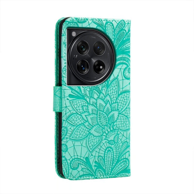 For OnePlus 12 Lace Flower Embossing Flip Leather Phone Case(Green) - OnePlus Cases by buy2fix | Online Shopping UK | buy2fix