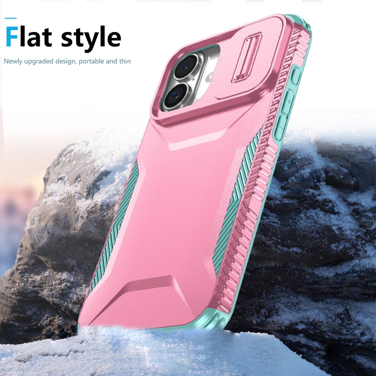 For iPhone 16 Plus Sliding Camshield Phone Case(Pink + Grey Green) - iPhone 16 Plus Cases by buy2fix | Online Shopping UK | buy2fix