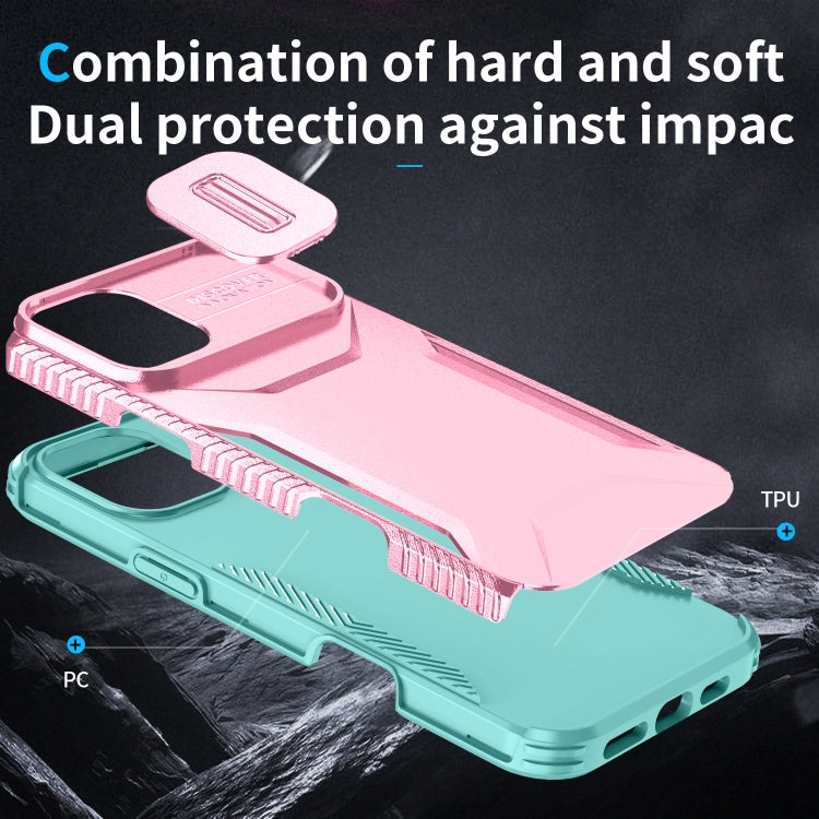 For iPhone 16 Plus Sliding Camshield Phone Case(Pink + Grey Green) - iPhone 16 Plus Cases by buy2fix | Online Shopping UK | buy2fix