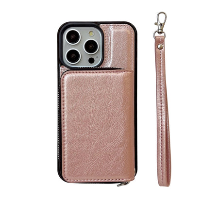 For iPhone 16 Pro Solid Color Zipper 11-Card Slots Bag Phone Case with Lanyard(Rose Gold) - iPhone 16 Pro Cases by buy2fix | Online Shopping UK | buy2fix