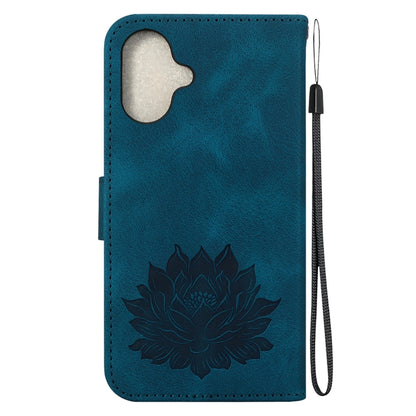 For iPhone 16 Lotus Embossed Leather Phone Case(Dark Blue) - iPhone 16 Cases by buy2fix | Online Shopping UK | buy2fix