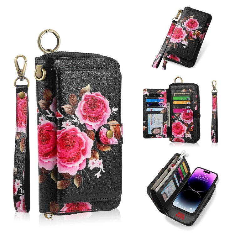 For iPhone 14 POLA MagSafe Flower Multi-functional Zipper Wallet Leather Phone Case(Black) - iPhone 14 Cases by buy2fix | Online Shopping UK | buy2fix