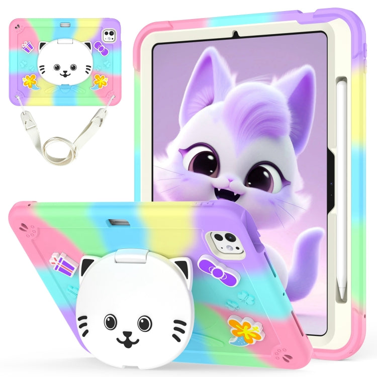 For iPad Pro 11 2024 Cat Holder Silicone Hybrid PC Tablet Case with Strap(Colorful Purple) - iPad Pro 11 2024 Cases by buy2fix | Online Shopping UK | buy2fix