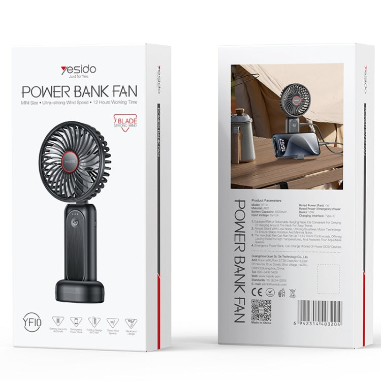 Yesido YF10 Foldable Silent Handheld USB Charging Fan(Black) - Electric Fans by Yesido | Online Shopping UK | buy2fix