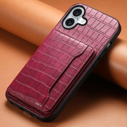 For iPhone 16 Crocodile Texture Card Bag Design Full Coverage Phone Case(Red) - iPhone 16 Cases by buy2fix | Online Shopping UK | buy2fix