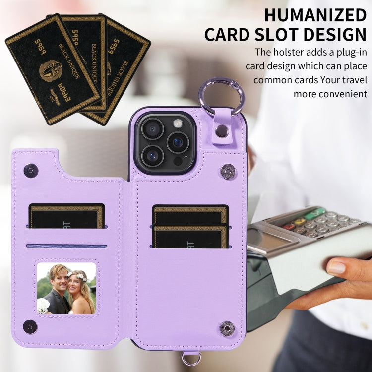 For iPhone 16 Pro Max Rhombic Texture Card Bag Phone Case with Short Lanyard(Purple) - iPhone 16 Pro Max Cases by buy2fix | Online Shopping UK | buy2fix