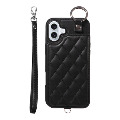 For iPhone 16 Plus Rhombic Texture Card Bag Phone Case with Short Lanyard(Black) - iPhone 16 Plus Cases by buy2fix | Online Shopping UK | buy2fix