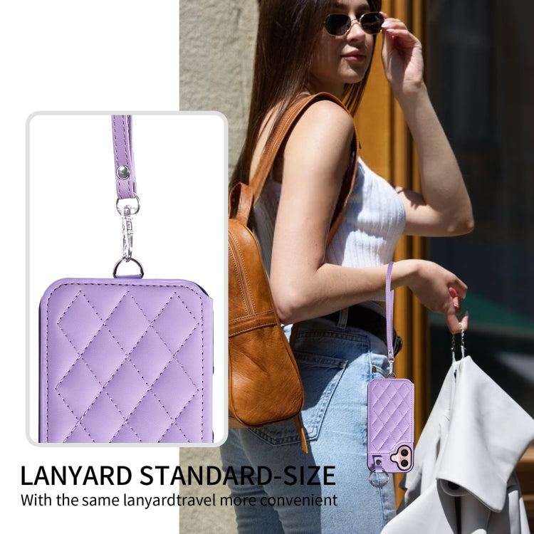 For iPhone 16 Rhombic Texture Card Bag Phone Case with Short Lanyard(Purple) - iPhone 16 Cases by buy2fix | Online Shopping UK | buy2fix