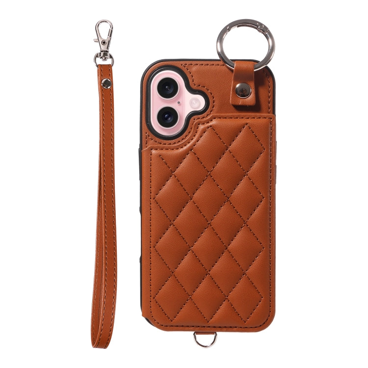 For iPhone 16 Rhombic Texture Card Bag Phone Case with Short Lanyard(Brown) - iPhone 16 Cases by buy2fix | Online Shopping UK | buy2fix