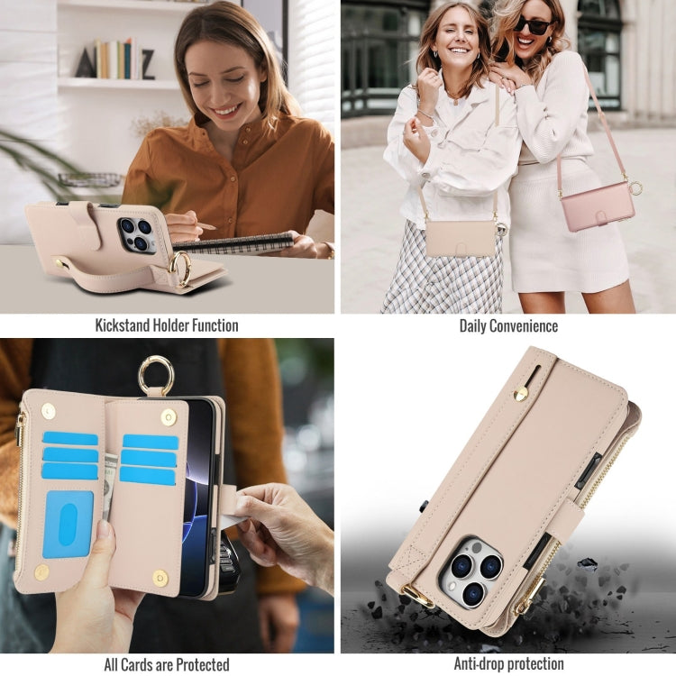 For iPhone 16 Pro Max Crossbody Ring Multifunctional Wallet Leather Phone Case(White) - iPhone 16 Pro Max Cases by buy2fix | Online Shopping UK | buy2fix