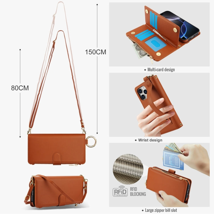 For iPhone 16 Pro Max Crossbody Ring Multifunctional Wallet Leather Phone Case(Brown) - iPhone 16 Pro Max Cases by buy2fix | Online Shopping UK | buy2fix