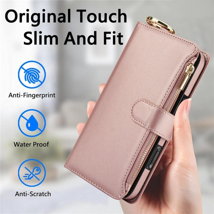 For iPhone 16 Pro Crossbody Ring Multifunctional Wallet Leather Phone Case(Rose Gold) - More iPhone Cases by buy2fix | Online Shopping UK | buy2fix