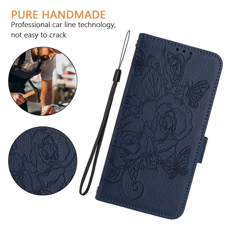 For iPhone SE 2024 Embossed Rose RFID Anti-theft Leather Phone Case(Dark Blue) - More iPhone Cases by buy2fix | Online Shopping UK | buy2fix