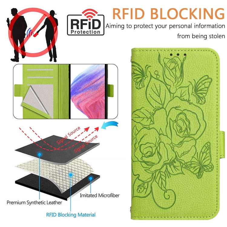 For Blackview Shark 8 Embossed Rose RFID Anti-theft Leather Phone Case(Green) - More Brand by buy2fix | Online Shopping UK | buy2fix