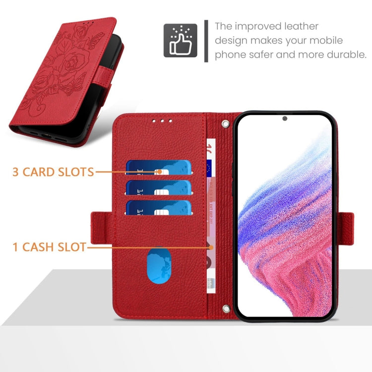 For OnePlus 11 Embossed Rose RFID Anti-theft Leather Phone Case(Red) - OnePlus Cases by buy2fix | Online Shopping UK | buy2fix