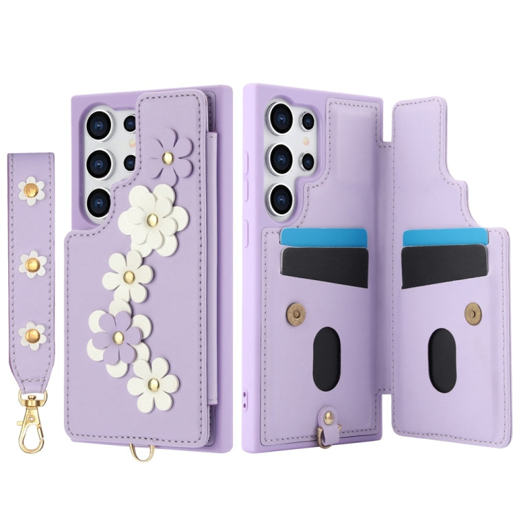 For Samsung Galaxy S25 Ultra 5G Crossbody Flower Pattern Leather Phone Case(Purple) - Galaxy S25 Ultra 5G Cases by buy2fix | Online Shopping UK | buy2fix