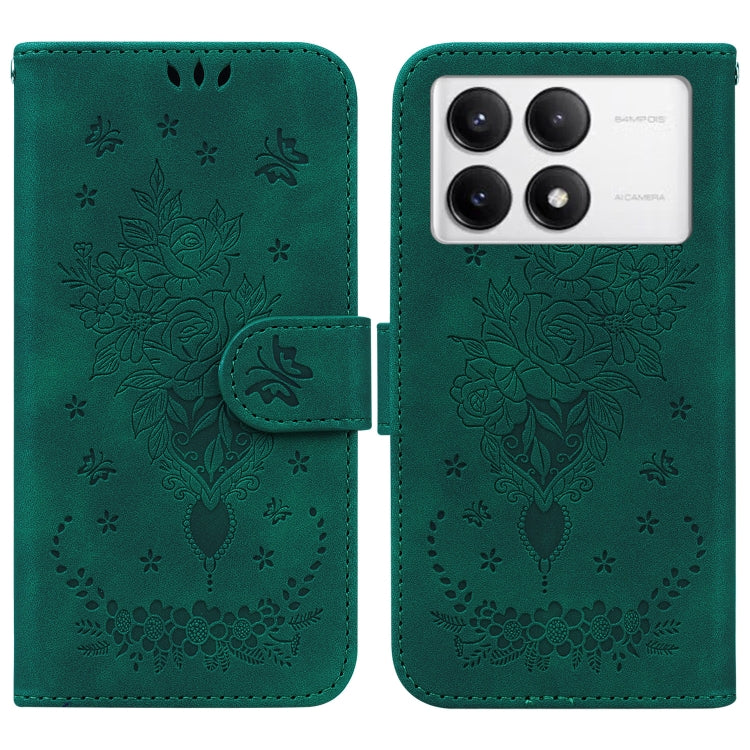 For Redmi K70 / K70 Pro Butterfly Rose Embossed Leather Phone Case(Green) - K70 Cases by buy2fix | Online Shopping UK | buy2fix