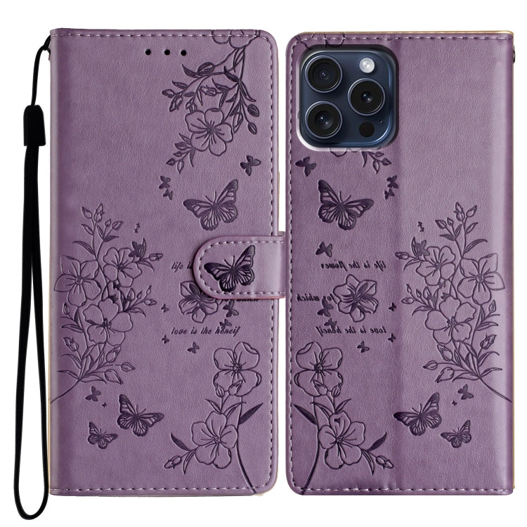 For iPhone 16 Pro Max Butterflies and Flowers Leather Phone Case(Purple) - iPhone 16 Pro Max Cases by buy2fix | Online Shopping UK | buy2fix