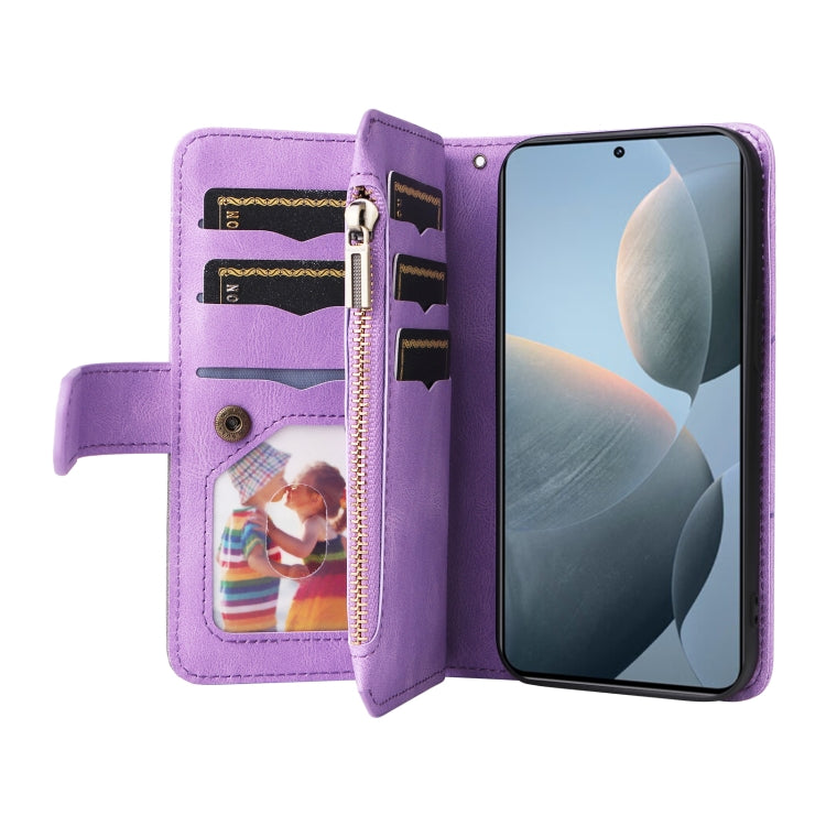 For Redmi K70 Dual-color 9 Card Slots Zipper Wallet Leather Phone Case(Purple) - K70 Cases by buy2fix | Online Shopping UK | buy2fix