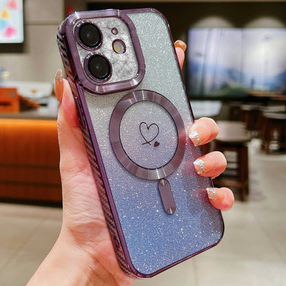 For iPhone 12 Loves Gradient Glitter Carbon Fiber Magsafe TPU Phone Case(Purple) - iPhone 12 / 12 Pro Cases by buy2fix | Online Shopping UK | buy2fix