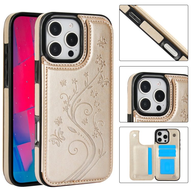 For iPhone 16 Pro Max Double Buckle Butterfly Embossing PU Phone Case(Gold) - iPhone 16 Pro Max Cases by buy2fix | Online Shopping UK | buy2fix