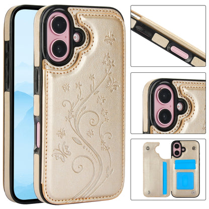 For iPhone 16 Plus Double Buckle Butterfly Embossing PU Phone Case(Gold) - iPhone 16 Plus Cases by buy2fix | Online Shopping UK | buy2fix