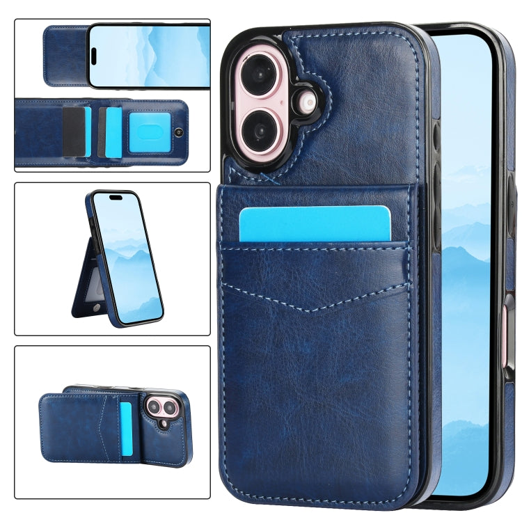 For iPhone 16 Plus Solid Color Card Slots Bracket PU Phone Case(Blue) - iPhone 16 Plus Cases by buy2fix | Online Shopping UK | buy2fix