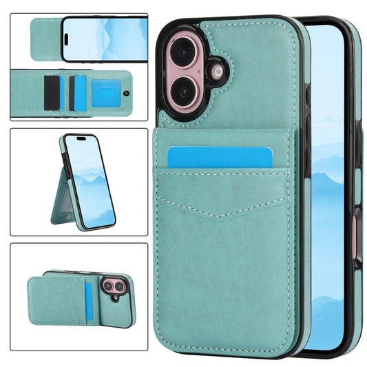 For iPhone 16 Solid Color Card Slots Bracket PU Phone Case(Mint Green) - iPhone 16 Cases by buy2fix | Online Shopping UK | buy2fix