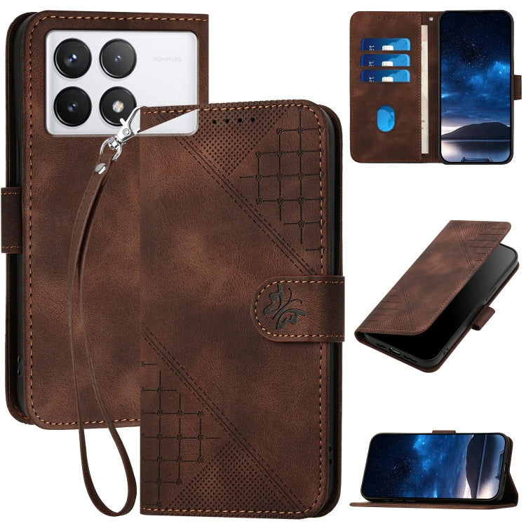 For Redmi K70 YX0080 Grid Butterfly Embossed Pattern Flip Leather Phone Case with Lanyard(Coffee) - K70 Cases by buy2fix | Online Shopping UK | buy2fix