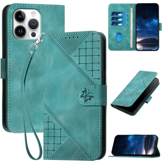 For iPhone 16 Pro Max YX0080 Grid Butterfly Embossed Pattern Flip Leather Phone Case with Lanyard(Light Blue) - iPhone 16 Pro Max Cases by buy2fix | Online Shopping UK | buy2fix