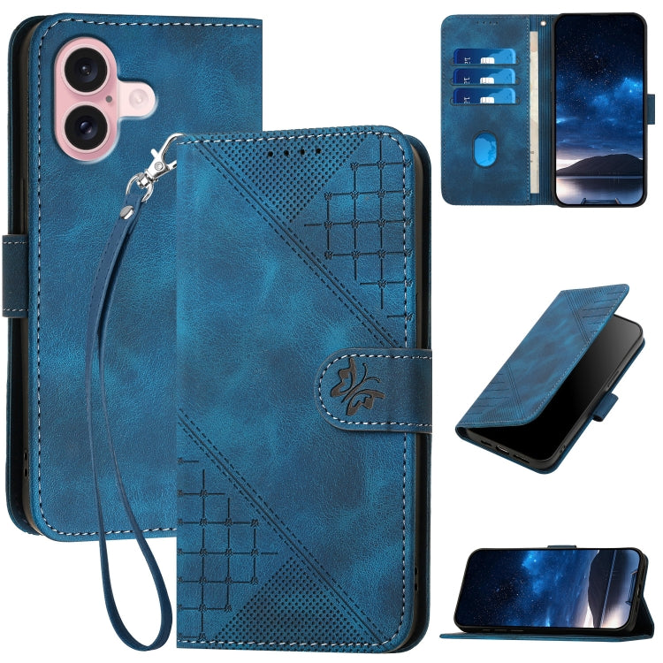 For iPhone 16 YX0080 Grid Butterfly Embossed Pattern Flip Leather Phone Case with Lanyard(Dark Blue) - iPhone 16 Cases by buy2fix | Online Shopping UK | buy2fix