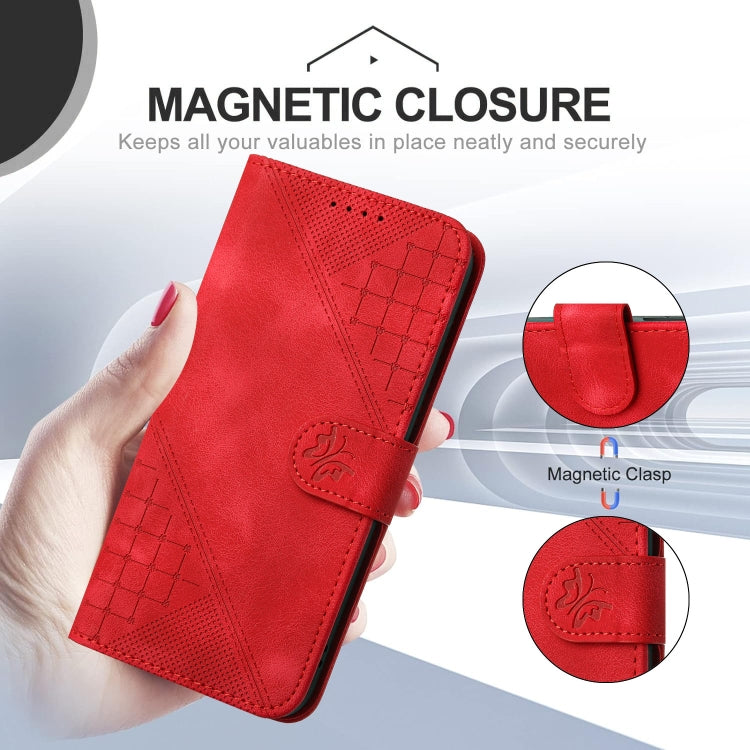 For iPhone 16 YX0080 Grid Butterfly Embossed Pattern Flip Leather Phone Case with Lanyard(Red) - iPhone 16 Cases by buy2fix | Online Shopping UK | buy2fix