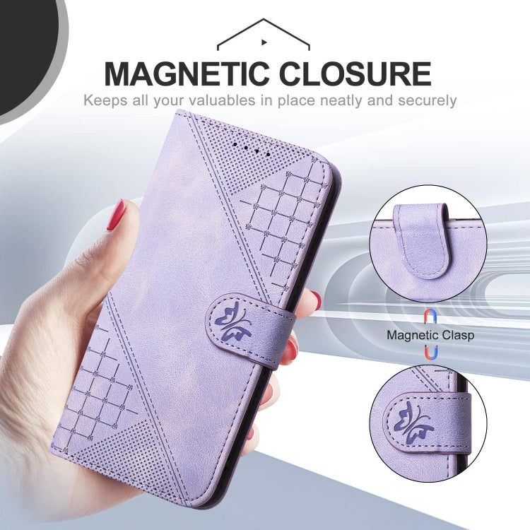 For Motorola Edge 2024 5G Global YX0080 Grid Butterfly Embossed Pattern Flip Leather Phone Case with Lanyard(Light Purple) - Motorola Cases by buy2fix | Online Shopping UK | buy2fix