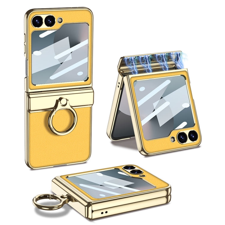 For Samsung Galaxy Z Flip6 GKK Integrated Electroplated Litchi Texture Leather Phone Case with Ring(Yellow) - Galaxy Z Flip6 5G Cases by GKK | Online Shopping UK | buy2fix