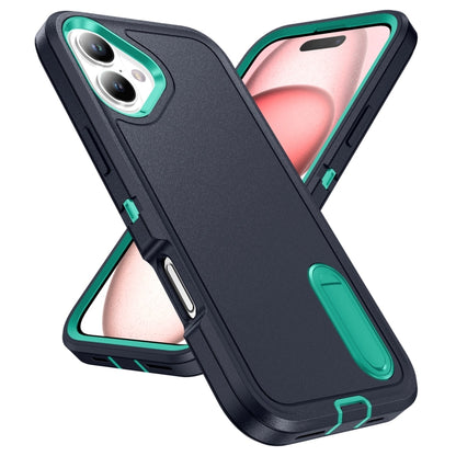 For iPhone 16 Plus Rugged PC + Silicone Phone Case with Holder(Dark Blue+Light Green) - iPhone 16 Plus Cases by buy2fix | Online Shopping UK | buy2fix