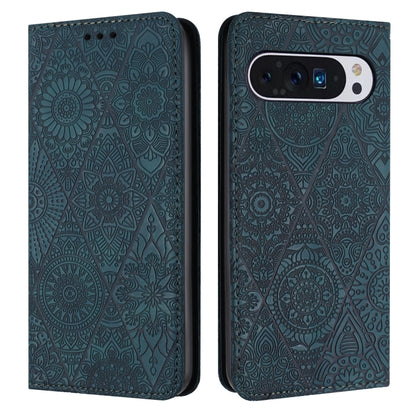 For Google Pixel 9 / 9 Pro Ethnic Embossed Adsorption Leather Phone Case(Blue) - Google Cases by buy2fix | Online Shopping UK | buy2fix