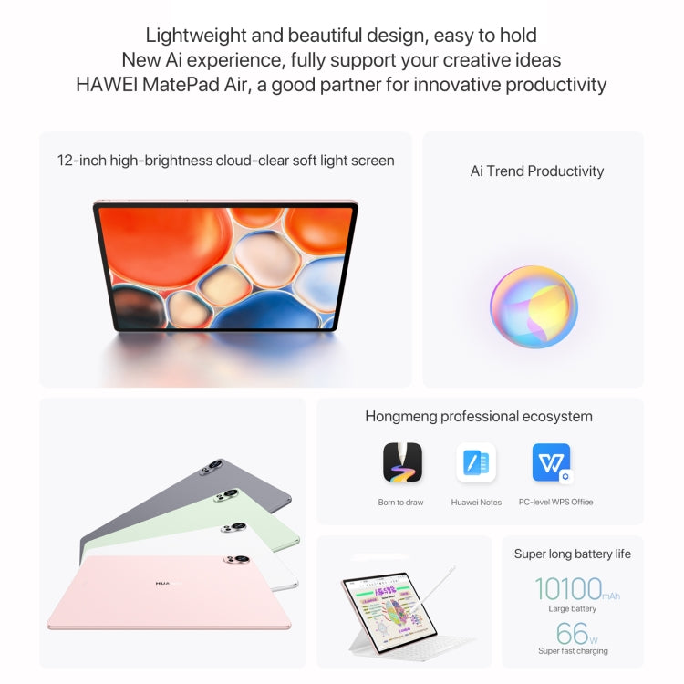 HUAWEI MatePad Air 12 inch WiFi Tablet PC, Soft Light Screen 12GB+256GB, HarmonyOS 4.2 Hisilicon Kirin 9000W(White) - Huawei by Huawei | Online Shopping UK | buy2fix
