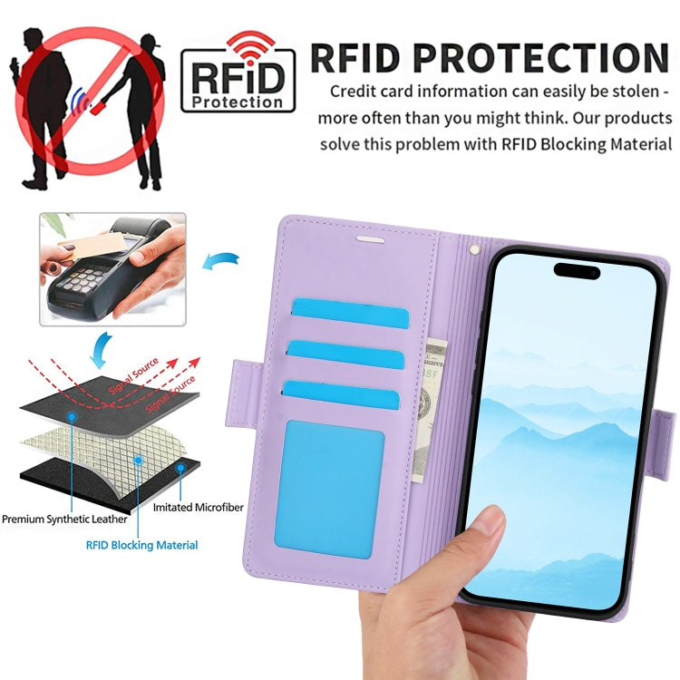 For iPhone 16 Side Buckle RFID Anti-theft Leather Phone Case(Light Purple) - iPhone 16 Cases by buy2fix | Online Shopping UK | buy2fix