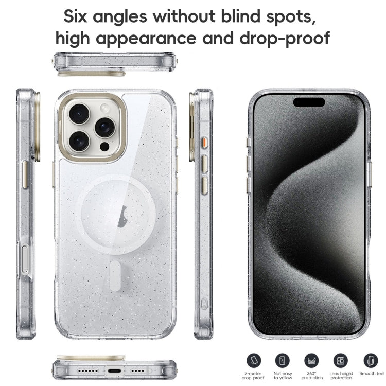 For iPhone 16 Pro Glitter Powder Lens Holder MagSafe Magnetic Phone Case(Transparent Titanium Blue) - iPhone 16 Pro Cases by buy2fix | Online Shopping UK | buy2fix