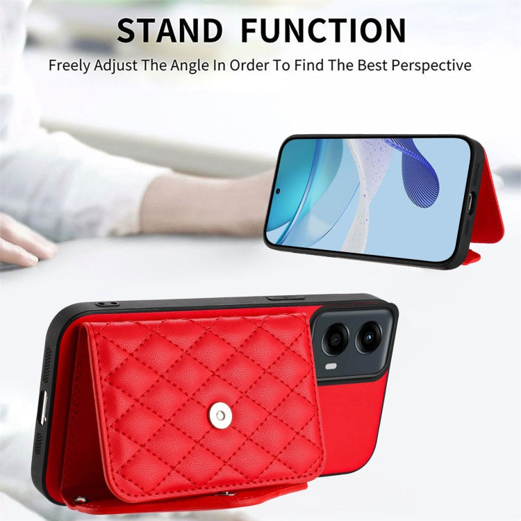 For Motorola Moto G 5G 2024 Rhombic Texture Card Bag RFID Phone Case with Long Lanyard(Red) - Motorola Cases by buy2fix | Online Shopping UK | buy2fix