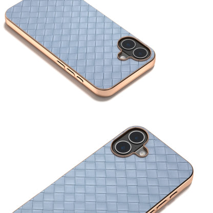 For iPhone 16 Plus Electroplated Frame Woven Texture PU Phone Case(Light Blue) - iPhone 16 Plus Cases by buy2fix | Online Shopping UK | buy2fix